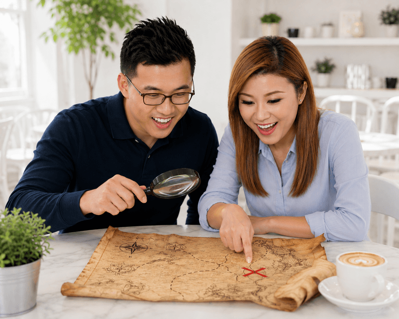 A young Singaporean couple discovering their property journey together — poring over a treasure map with a magnifying glass, the X marking where their plan leads.